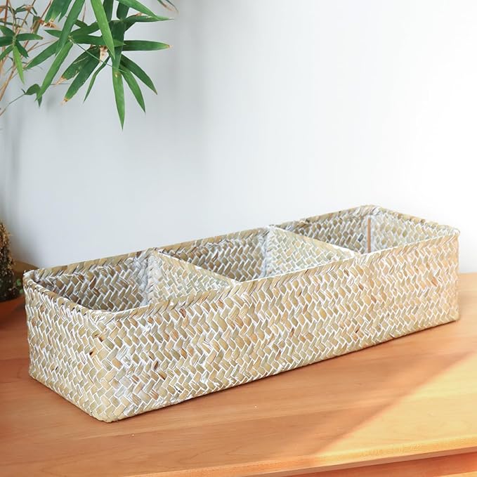 Shelf Baskets with Dividers, Seagrass Storage Baskets Rectangular Wicker Woven Back of Toilet Basket for Home Organizer