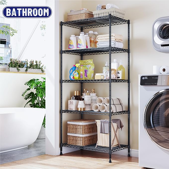 Storage Shelves Adjustable Metal Shelving Unit 5 Tier Wire Shelving,1010LBS Pantry Shelves Sturdy Steel Wire Shelf for Laundry Bathroom Kitchen Pantry, 13.6" D x 21.5" W x 59.4" H, 2PCS