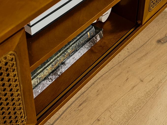 LKTART 68 Inch Mid Century Modern TV Stand with Rattan Doors, MCM Entertainment Center Media Console for 60/65/70/75 inch TVs, Long Boho Television Stand for Living Room, Light Walnut