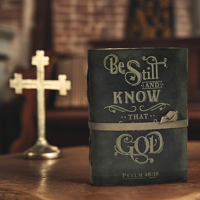 LEATHER VILLAGE Vintage Leather Journal with Psalm 46:10 Bible Verse–8''x6'' Embossed Prayer Study Journal for Women & Men – 200 Pages Handmade Cotton Deckle Edge Watercolor Paper - Aqua