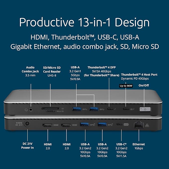 Kensington SD5768T EQ Thunderbolt 4 Docking Station, Dual 4K@60Hz via HDMI/TB4 Ports, 96W Charging, SD/Micro SD Card Slots, Ethernet, Audio, Supports Thunderbolt Share (K35381NA)