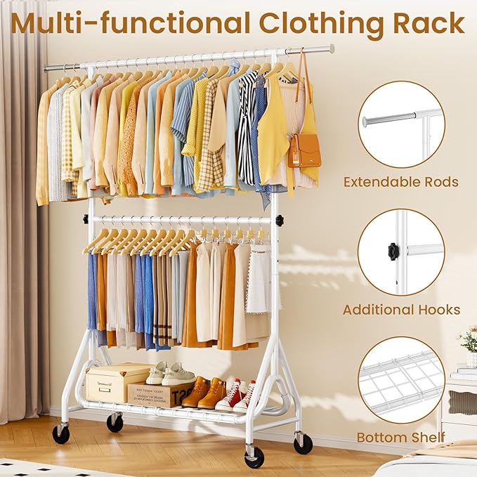 Heavy Duty Clothes Rack for Hanging Clothes, Double Rods Clothing Rack with Lockable Wheels, Rolling Metal Garment Racks Heavy Duty, Portable Wardrobe Closet Racks, White