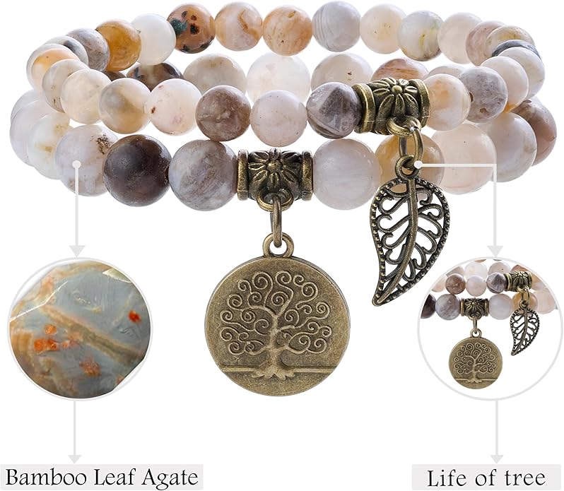 Bivei Natural Semi Precious Gemstone beads bracelet for women - Life Tree and Leaf Charm Energy Reiki Crystal Stretch Bracelets