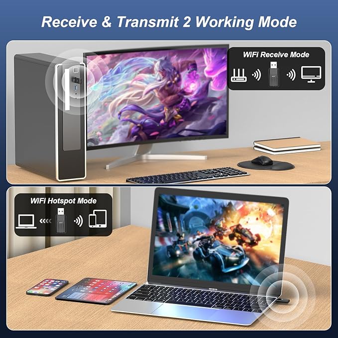 2 in 1 USB Bluetooth Adapter for PC, AX900 2.4G/5G Dual Band & Bluetooth 5.3 WiFi 6 Adapter for Desktop PC, Wireless Network Adapter with Built-in Driver for Windows 10/11, AP Mode (NA1605)