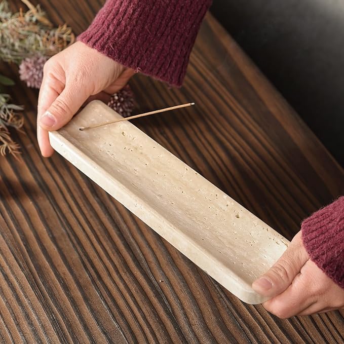 Koville Travertine Incense Holder, Incense Holder for Sticks, Long Incense Sticks Holder Ash Catcher for Meditation Yoga SPA, Natural Stone Incense Burner, Home Table Decor(Beige)