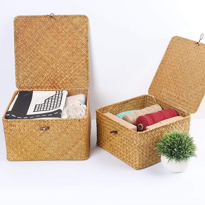 Wicker Shelf Baskets with Lid, Handwoven Seagrass Storage Basket Bins Square Gift Boxes for Shelves Home Decor Organizer (Natural, Medium)