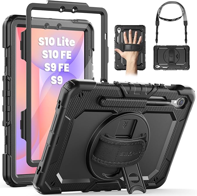 SEYMAC Case for Samsung Galaxy Tab S10 Lite/ S10 FE/ S9 FE/ S9 5G (10.9''/11''), Heavy Duty Shockproof Protective Case with Screen Protector, Rotating Stand, Hand Strap and Pen Holder, Black