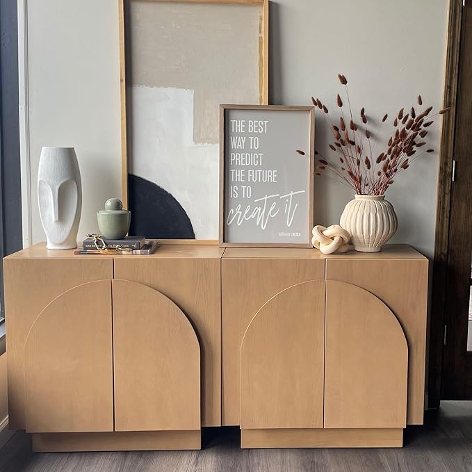 Nathan James Iris Mid-Century Modern Credenza, Brown TV Stand, Living Room Wood Storage Cabinet with Arched Cabinet Doors, Raw Oak, Set of 2