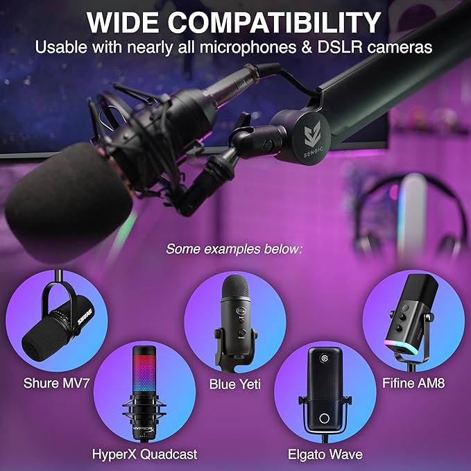 Sensic SA-30 Microphone Boom Arm, 360° Rotatable Mic Stand with 6 inch riser, Microphone Holder with 1/4", 3/8" and 5/8" Adapters, Professional Microphone Arm with Accessories, Mic Boom Arm Black