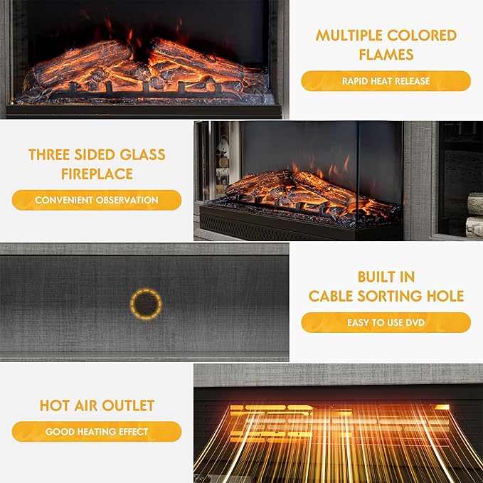 JUMMICO Fireplace TV Stand for TVs up to 65'', 3-Sided Glass Media Entertainment Center Console Table with Cabniet Storage Adjustable Flame LED Color for Living Room (Wash Grey)