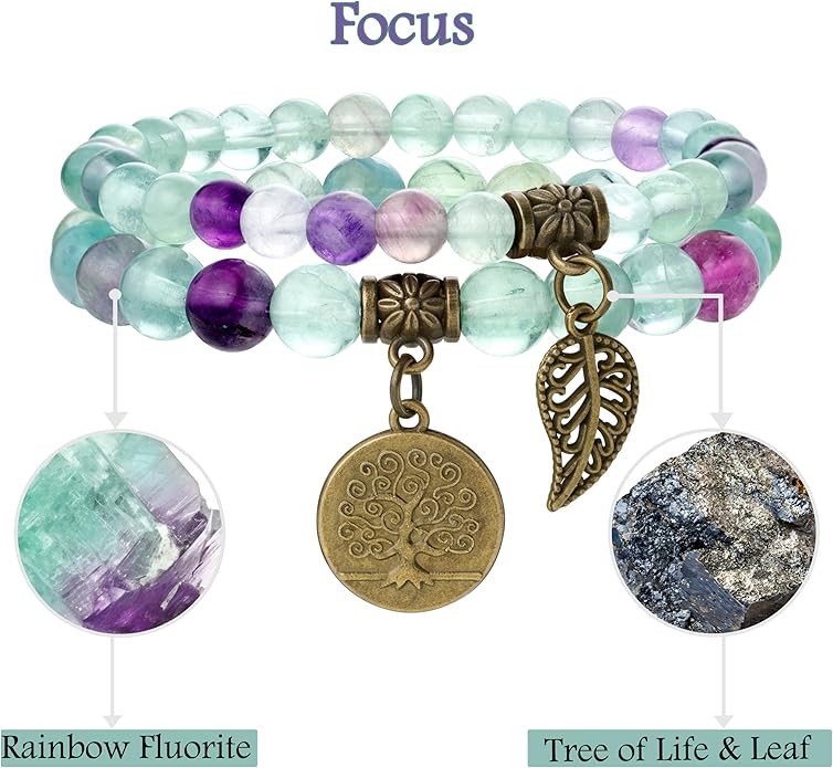 Bivei Natural Semi Precious Gemstone beads bracelet for women - Life Tree and Leaf Charm Energy Reiki Crystal Stretch Bracelets