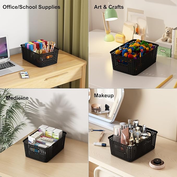 Black Plastic Storage Baskets with Lids 12 Pack Stackable Storage Bins Containers for Shelves Organizing, Cute Decorative Storage Boxes for Classroom, Playroom, Closet, Pantry
