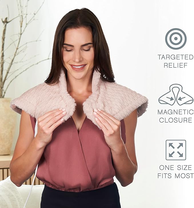 Pure Enrichment PureRadiance Neck & Shoulder Luxury Heating Pad for Pain Relief, Patented Design, Soft Faux Fur & Micromink, 6 Heat Settings, Machine Washable, Universal Fit, 16” x 22” (Rose Quartz)