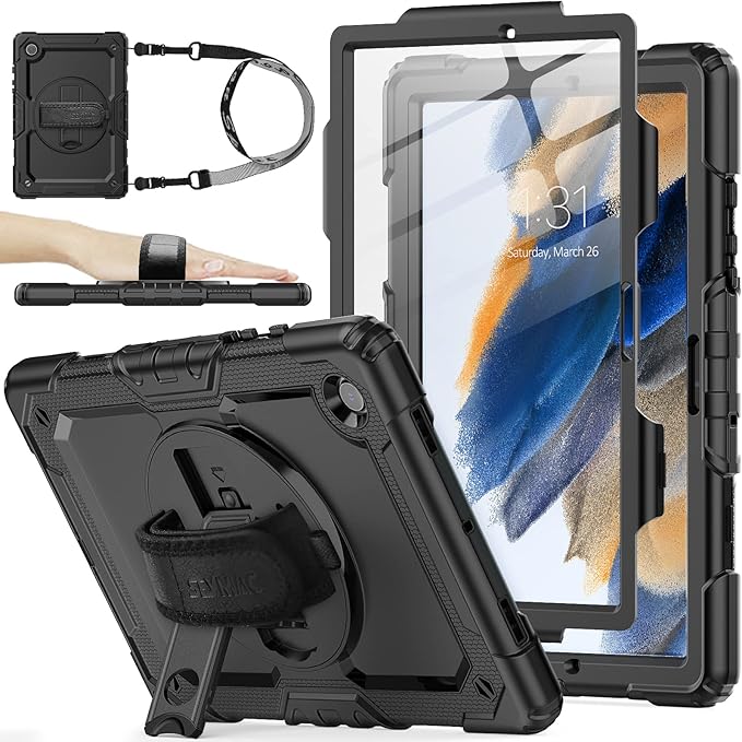 SEYMAC stock Case for Samsung Galaxy Tab A8 10.5'', Full-Body Drop Protection Case with Screen Protector Pencil Holder [360° Rotating Hand Strap] &Stand, Black