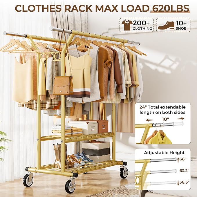 Heavy Duty Clothes Rack, Rolling Clothing Racks With Shelves Load 620 LBS, Double Rod Clothing Racks for Hanging Clothes, Portable& Adjustable Clothes Rack with Wheels Garment Rack,Gold