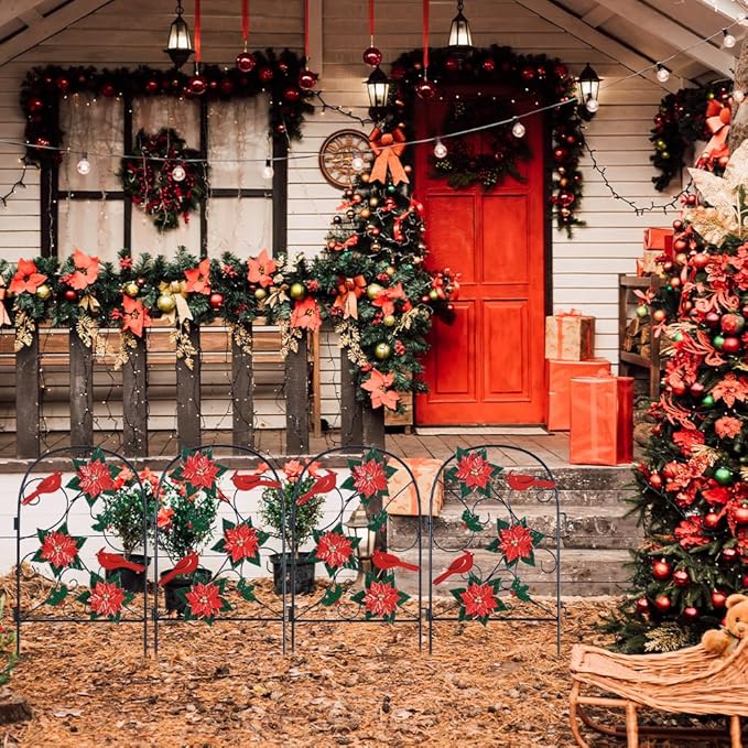 hogardeck Outdoor Christmas Decorations, 2 Pcs Metal Fence Floral Decorative Garden Stakes with Poinsettia Red Birds for Christmas Decor, Yard Signs for Garden Lawn Patio Home