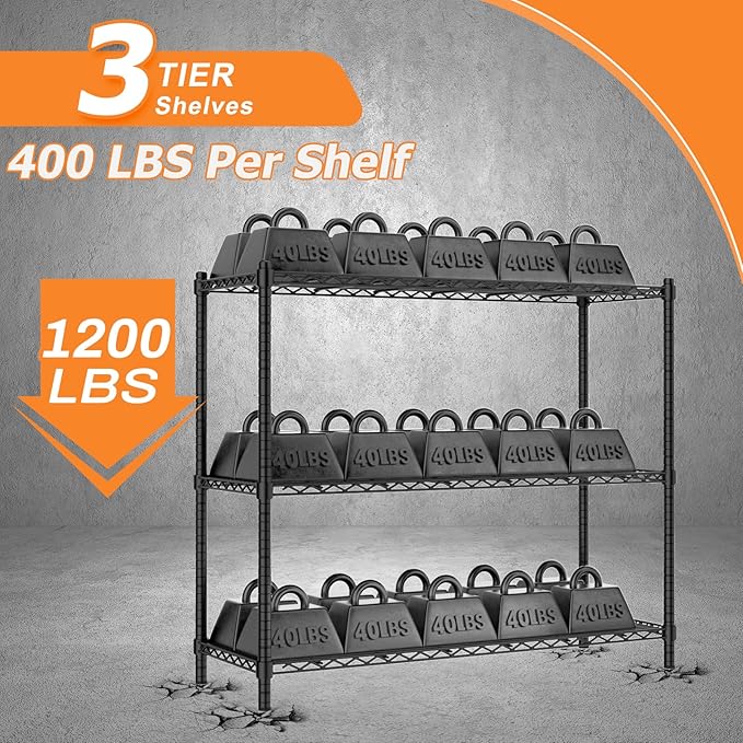 Storage Shelves Heavy Duty, 45" W x 20" D x 47" H Garage Wire Shelving Unit Loads 1200LBS, 3-Tier Adjustable Metal Industrial Utility Shelf Rack for Kitchen, Laundry Room, Pantry, Warehouse, Basement