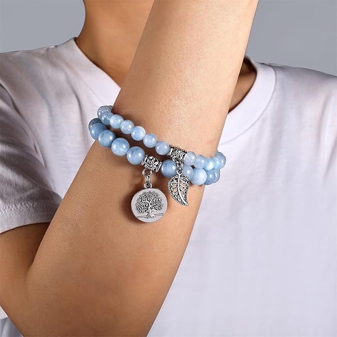 Bivei Natural Semi Precious Gemstone beads bracelet for women - Life Tree and Leaf Charm Energy Reiki Crystal Stretch Bracelets