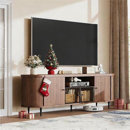 Luxury 70" Fluted TV Stand, Modern Entertainment Center for TVs Up to 80”, TV Console with Faux Marble Tabletop, Curved Profile Design, Media Console for Living Room, Brown