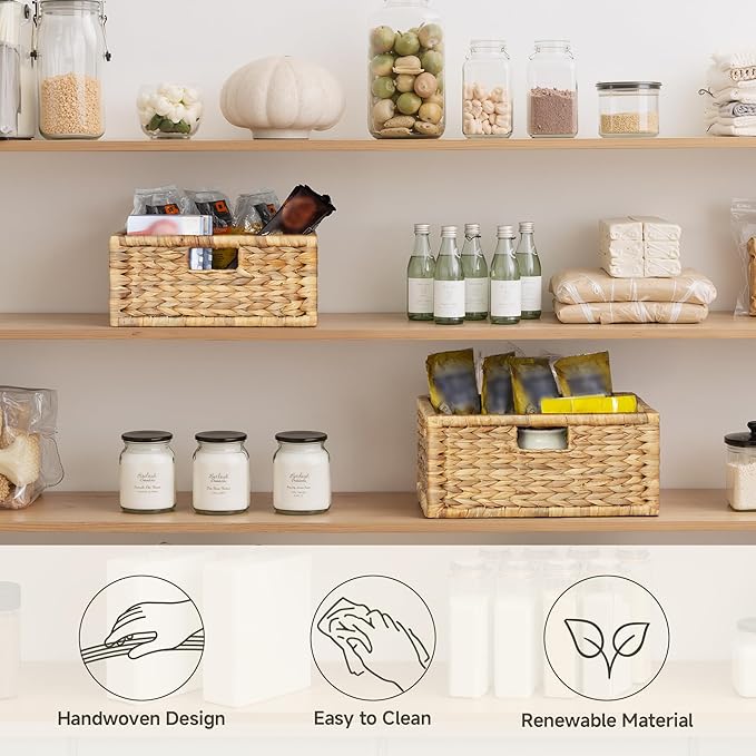 StorageWorks Wicker Basket for Organizing, Pantry Organizer with Wooden Frame, Water Hyacinth Storage Basket for Shelves