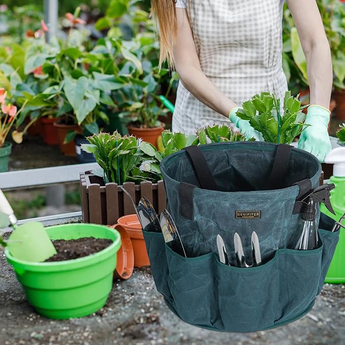 Heavy Duty Waxed Canvas Gardening Tote Bag - 14-Inch Water-Resistant Tool Organizer with 8 Pockets | Multi-Compartment Storage Solution for Pruning Shears, Gloves, and Small Tools (DarkGreen)