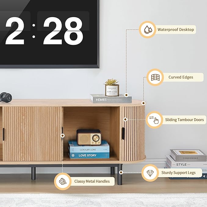 63" Fluted TV Stand for 65/70 Inch TV, Mid Century Modern TV Console with Sliding Doors, Curved Gaming Entertainment Center, Media Console for Living Room, Bedroom (Natural, 63inch-4doors)