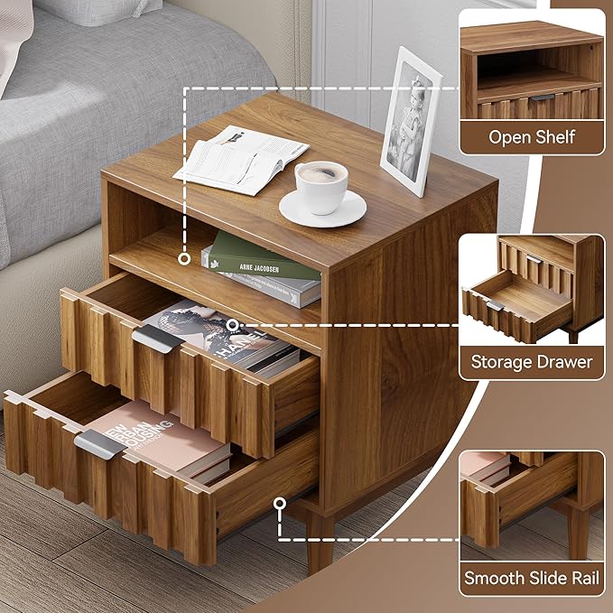 Fluted Nightstand with 2 Drawers, 19" Wide Night Stand with Solid Wood Legs, Open Storage Shelf, Mid Century Modern Wooden Bedside Table for Bedroom, Bed End Side Table, Walnut