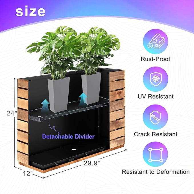 Tall Metal Planter, 12" W×24" H Large Rectangular Planter Box for Outdoor or Indoor, All-Weather Durable Plant Box with Drainage Holes & Removable Shelf for Patio, Porch, Garden, Trees, Flowers
