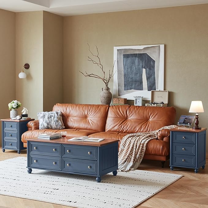 18" Farmhouse Nightstand with Charging Station and USB Port, Blue Night Stand with 3 Drawers, Wood Bedside End Table with Storage, Bed Side Tables for Bedroom Living Room and Closet