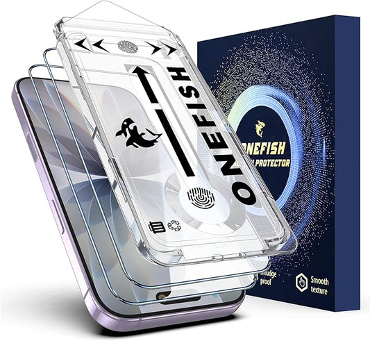 OneFish for iPhone 17 Screen Protector 6.3 inch HD Clear Tempered Glass Full Coverage, 9H Hardness Scratch Resistant, Easy Installation, 2 Pack