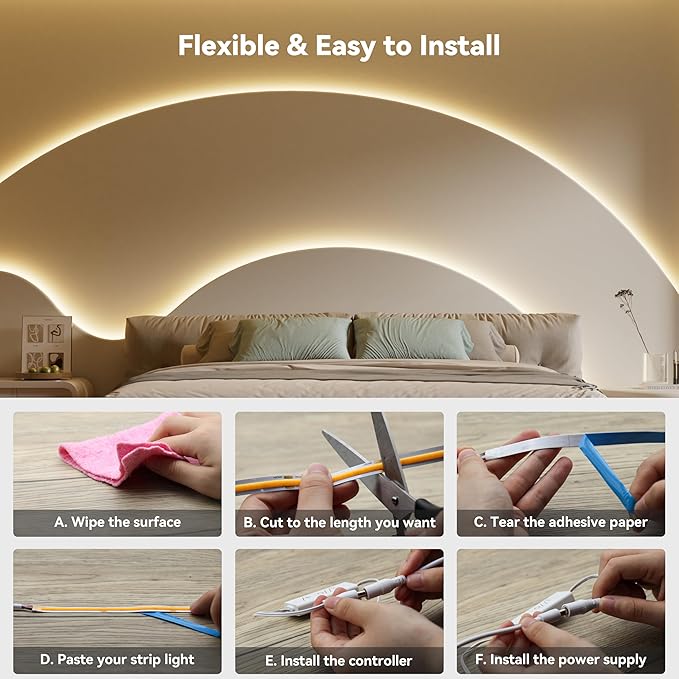 PAUTIX COB LED Strip Light 32.8ft,Engineering Level UL Listed Warm White 3000K,CRI93+ Super Bright High Lumen,Dimmable 24V Flexible LED Tape Light with RF Remote,for Cabinets,Home&Office DIY Lighting