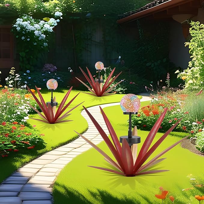 2pcs Tequila Rustic Sculpture Metal Yard Decor Hand Painted Metal Agave Garden Statue Red