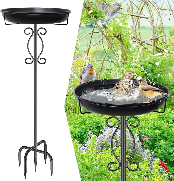 Metal Bird Bath for Outside, 40In Tall Vintage Freestanding Birdbaths & Birdfeeder, Outdoor Bird Bath Bowl with Sturdy 5-Pronged Base for Garden Patio Yard Lawn Decor (Black)