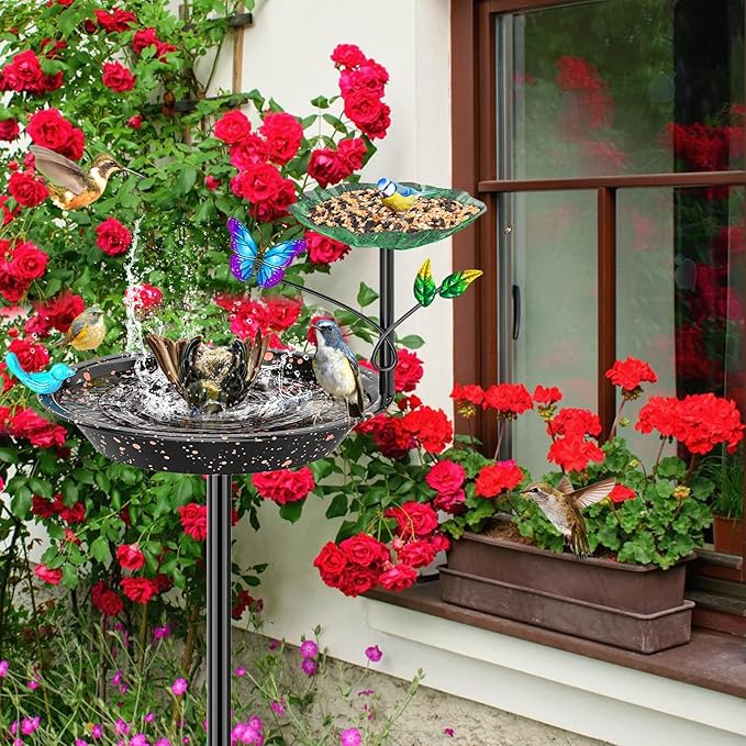 Metal Bird Bath for Outside Garden Birdbath Bowl, Freestanding Bird Feeders for Outdoors with 5 Prongs Base Stake, Standing Birdfeeders Birdbath Bowl for Yard Decor (2-in-1)