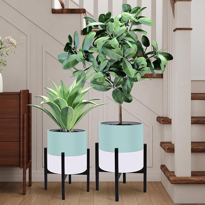 10 & 12 Inches Plant Pots with Stand-Large Indoor Planters with with Drainage Holes,Modern Planting Pots with White and Green Color Matching for Living Room, Office, Garden Or Balcony