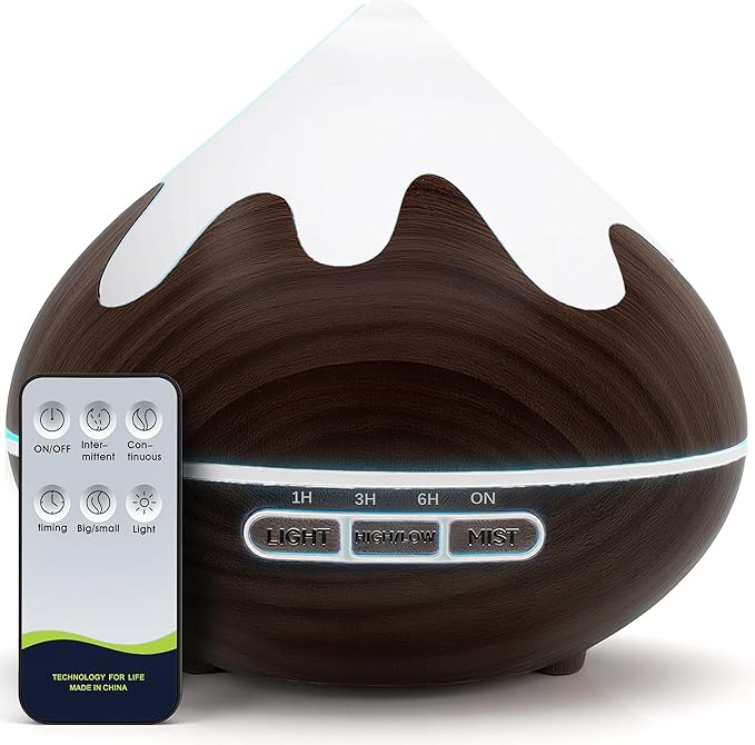 500ML Essential Oil Diffuser, Aromatherapy Diffuser with Remote Control, Multifunctional Air Diffusers for Home Office Room, Fragrance Aroma Diffuser with 7 Color LED & 2 Mist Mode, Dark Brown