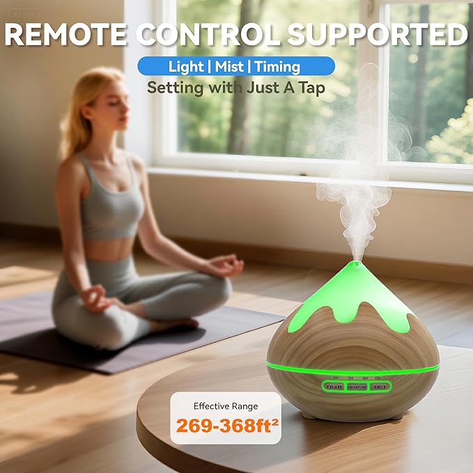 500ML Essential Oil Diffuser, Aromatherapy Diffuser with Remote Control, Multifunctional Air Diffusers for Home Office Room, Fragrance Aroma Diffuser with 7 Color LED & 2 Mist Mode, Brown