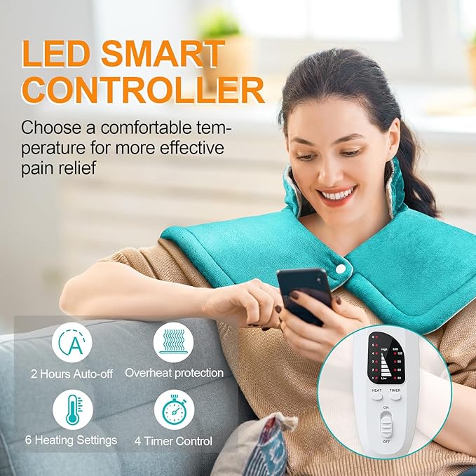 Heating Pad for Neck and Shoulders and Back, Christmas Birthday Gifts for Women Mom Wife Men Dad, Mothers Day Gifts, Weighted Neck and Shoulder Heating Pads, 6 Heat Settings 4 Auto-Off,17"x23" Blue