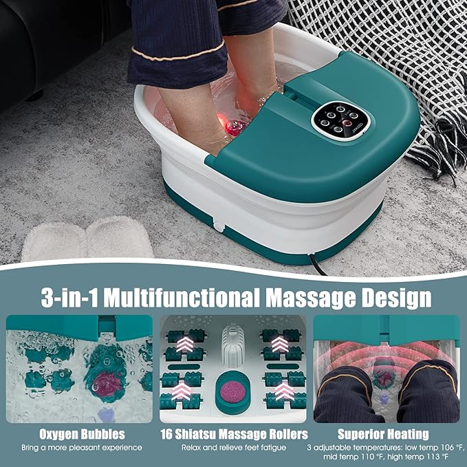 COSTWAY Collapsible Foot Spa Bath, with Heat, Bubbles, 16 Shiatsu Massage Rollers, Pedicure Foot Spa Tub W/Remote Control, Timer, Pumice Stone, Medicine Box (Deep Blue+White)