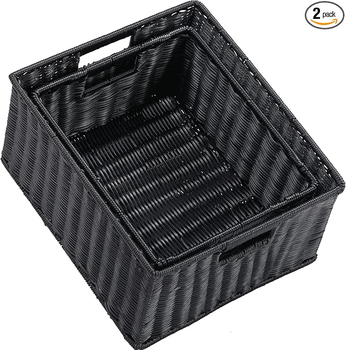 HOONEX Large Wicker Baskets for Storage, Plastic Baskets for Organizing with Dual Handles, Woven Baskets for Storage, Set of 2, (Black, 15 x 12.8 x 7.5 inches)