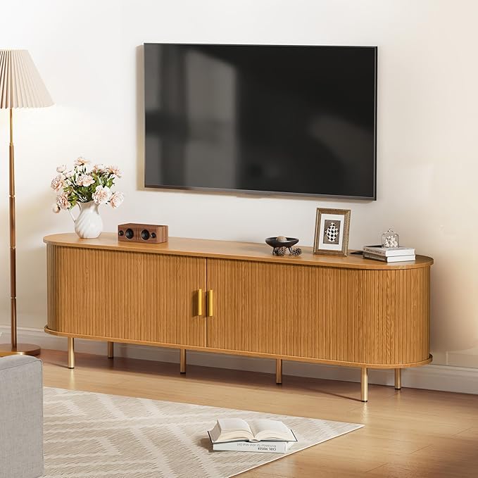 DHH 70 inch tv Stand Cabinet with Storage,Fluted tv Console Entertainment Center with Storage Adjustable Shelves, Modern Vintage with Sliding Doors tv Stand for Living Room (Yellow Walnut, 70 Inch)