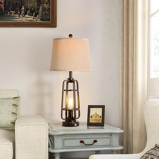 28.7" Table Lamps for Living Room Set of 2, Touch Lamps for Bedrooms with USB C+A Charging Ports, Farmhouse Lamps for Nightstands with Oil Rubbed Bronze Finish, Bulbs Included