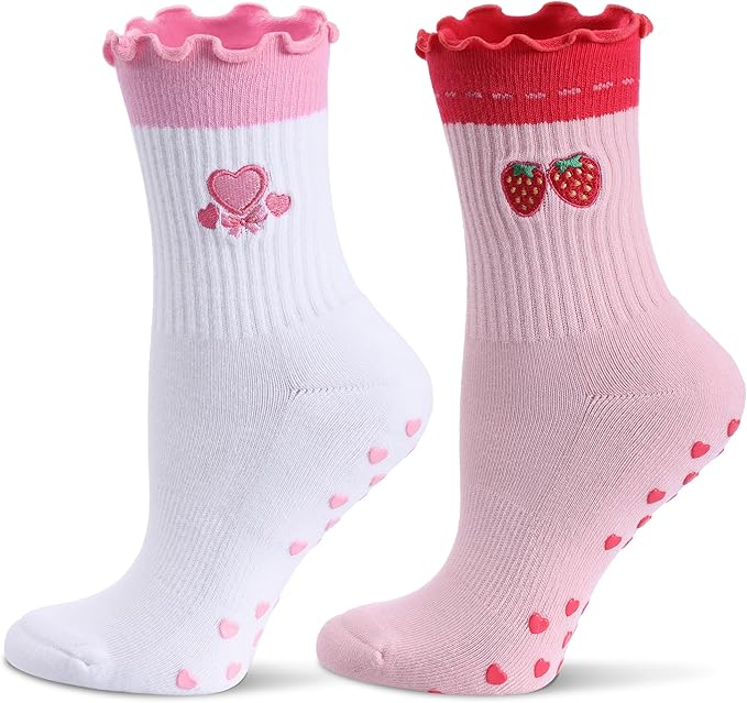 Cute Pilates Socks with Grips for Women Ruffle Cuff Embroidery Non Slip Yoga Socks for Workout, Barre, Pilates Gifts