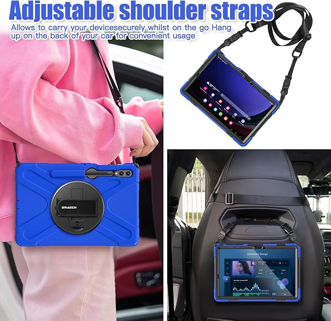 BRAECNstock Case for Samsung Galaxy Tab S10+ Plus/ S9 FE+ Plus/ S9+ Plus/ S8+ Plus/ S7 FE/ S7+ Plus 5G 12.4 inch Shockproof Protective Kids Cover with Pen Holder Rotating Hand Strap & Stand - Blue