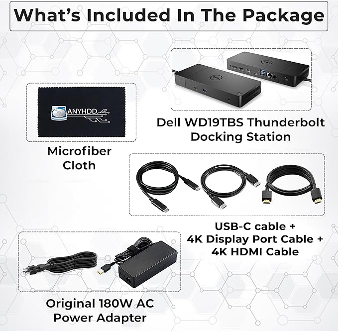 Dell WD19TBS Thunderbolt Dock Bundle - 4K Display, 1 Year Warranty, Dell Docking Station with 180W AC Adapter (130W Delivery) + 4K HDMI Cable + 4K DisplayPort Cable + USB C-C Cable + Cloth (Renewed)