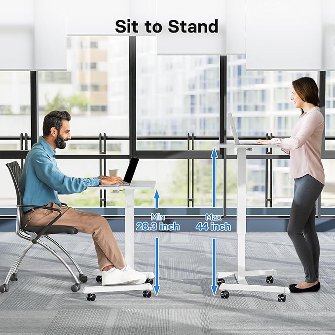 BONTEC Mobile Standing Desk Adjustable Height, Rolling Laptop Cart with Hook, Portable Workstation with Pneumatic Lift, Ergonomic Table with Wheels, Compact Home Office Desk, White 25.6" x 17.7"