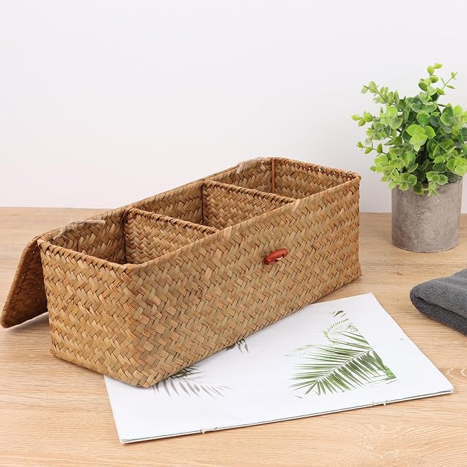Wicker Shelf Baskets with Lid,Rectangular Seagrass Woven Storage Baskets with Dividers for Bathroom Organizer Small Bins Home Decor (Natural)