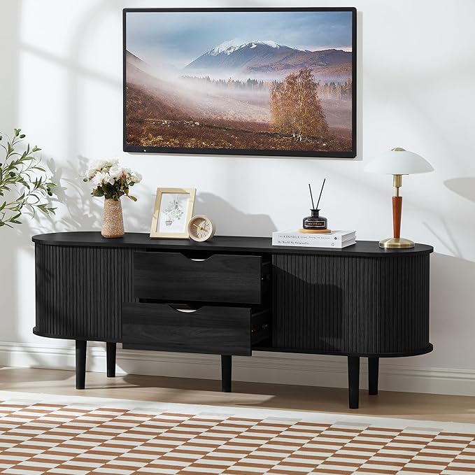 TV Stand, Media Console Table with Sliding Door and 2 Drawers, Modern Entertainment Center with Storage for Living Room, Bedroom, Home Office (Black with 2 Drawers)