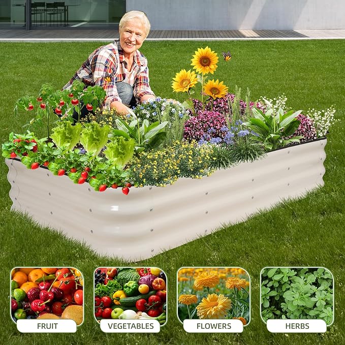 GoCampDriect 4IN1 Raised Garden Bed - 5x3x1ft Galvanized Raised Garden Boxes Outdoor Corrosion Resistant | Variable Shape 6x2x1ft Metal Raised Garden Beds for Planting Vegetable, Herb,Fruits,White