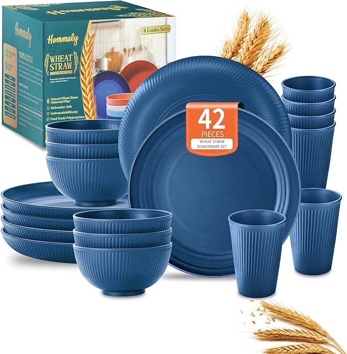 Wheat Straw Dinnerware Sets,42-Piece Plates and Bowls Sets for 6-Unbreakable,Reusable Plastic Dish Set-Dinner Plate/Cereal Bowl/Cup/Utensils-Microwavable Dishwasher Safe 42P-Deep Blue